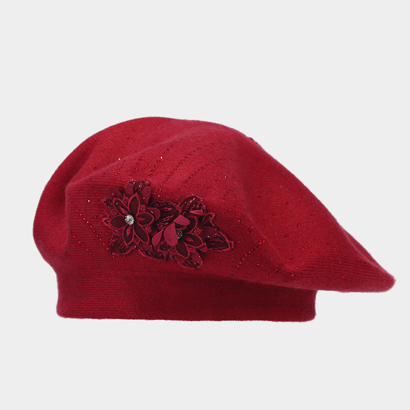 French knit beret with flower and rhinestones
