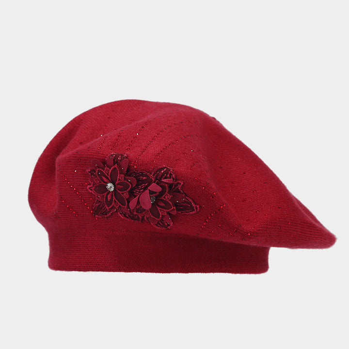 French knit beret with flower and rhinestones