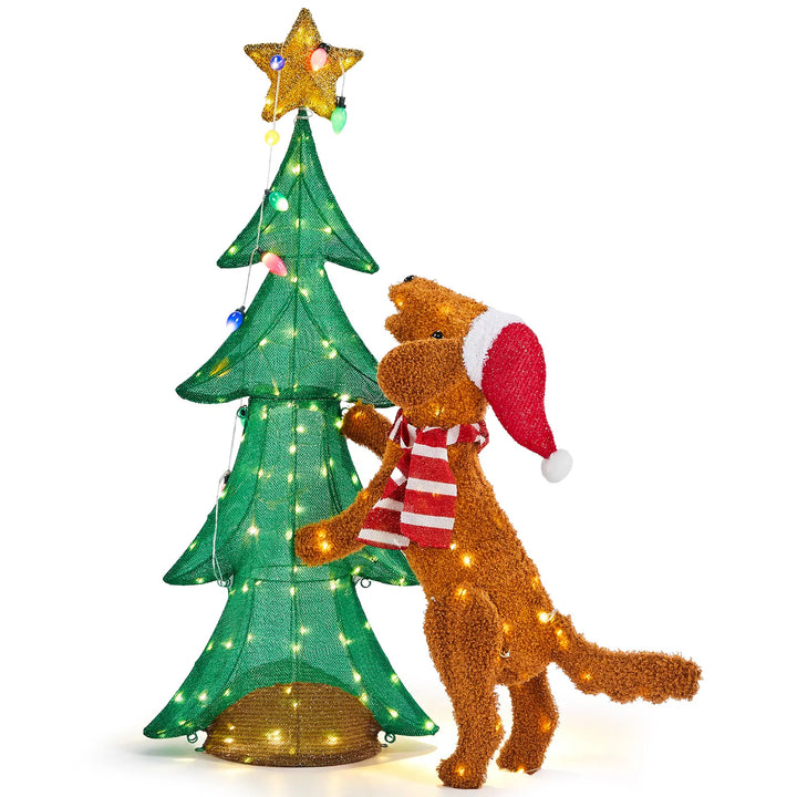 Light-up plush dog climbing Christmas tree