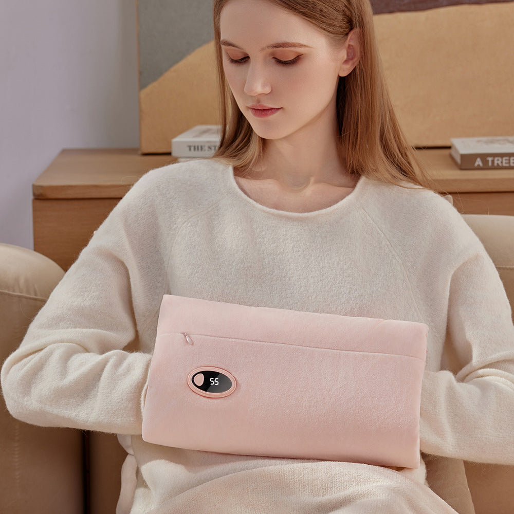 Heated plush pouch unfolded as lap blanket