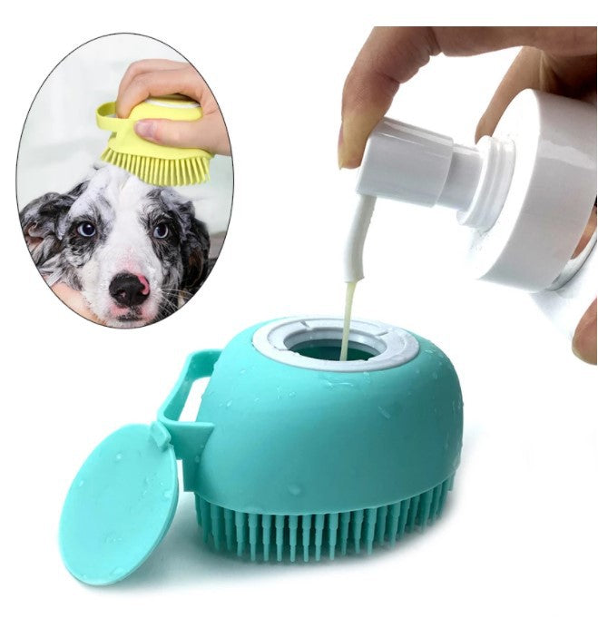 Silicone pet bath brush with shampoo chamber