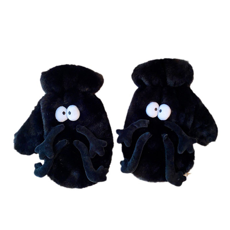 White fluffy plush mittens with cartoon face