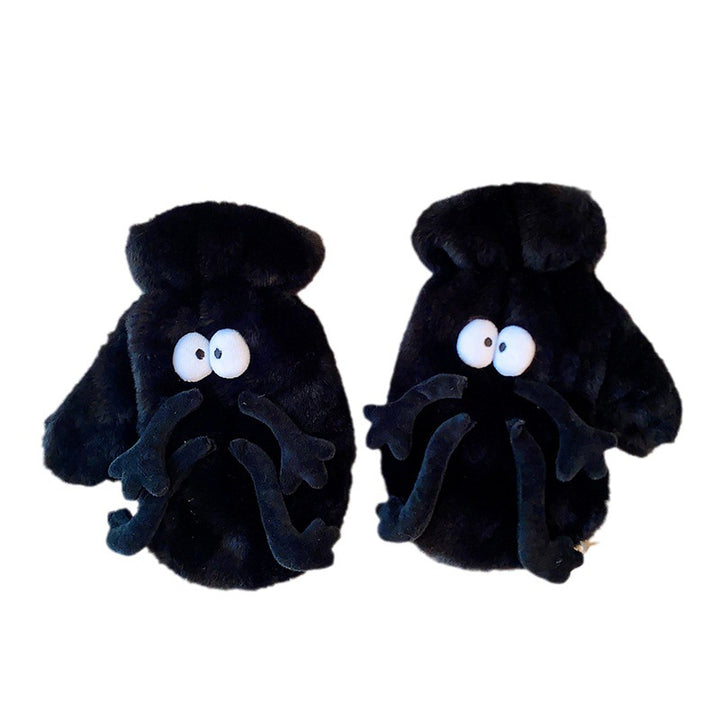 White fluffy plush mittens with cartoon face