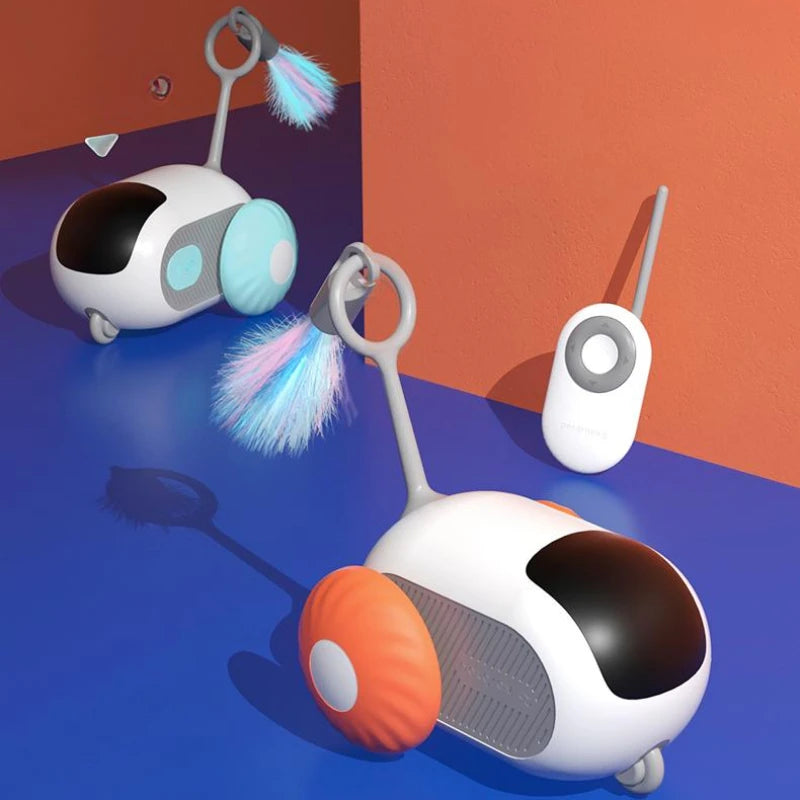 Remote control car toy with feather for cats