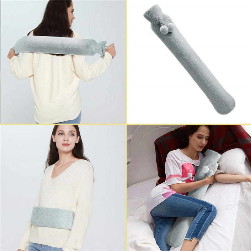 Long hot water bottle with knit cover