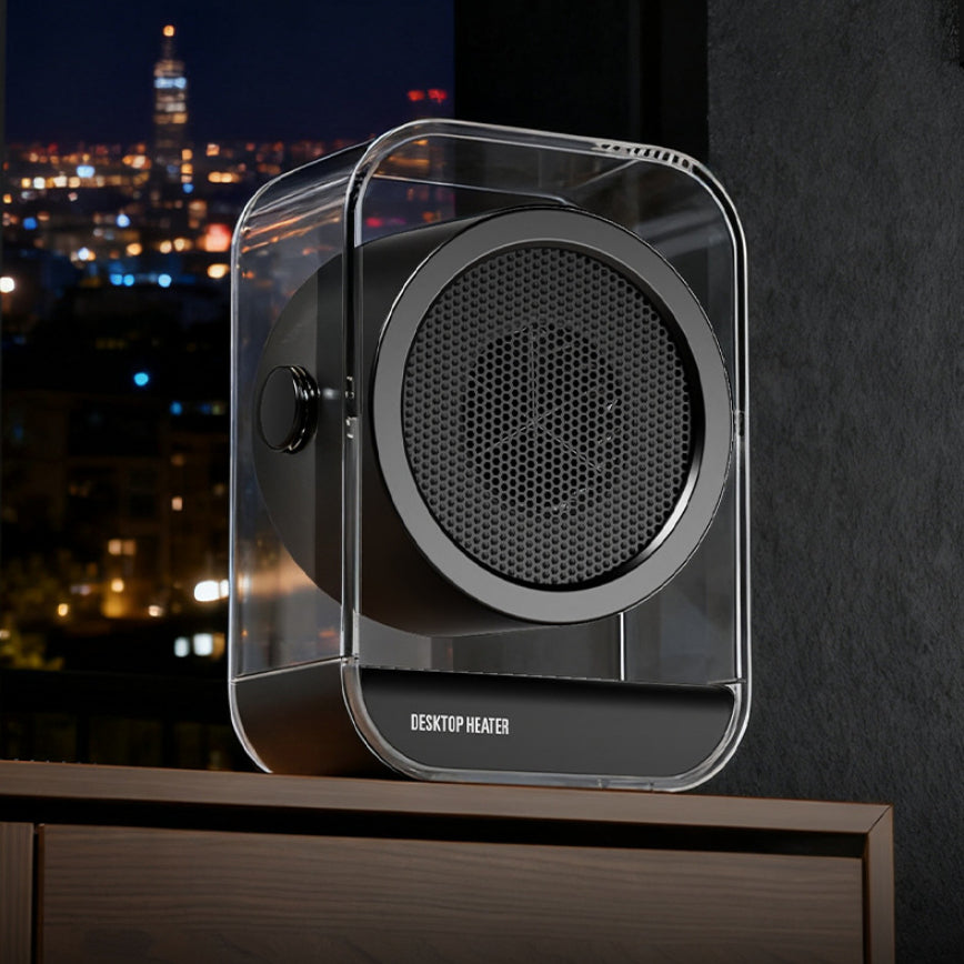 Compact clear desk fan heater in black