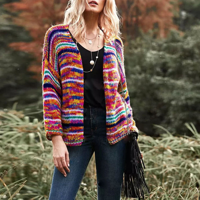 Heat Grove Chunky Rainbow Stripe Knit Cardigan for Women
