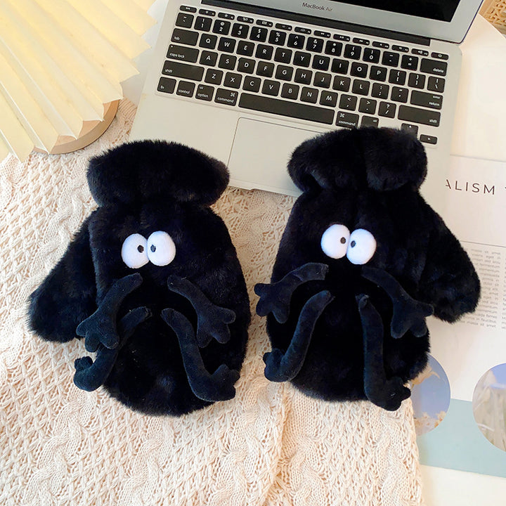 White fluffy plush mittens with cartoon face