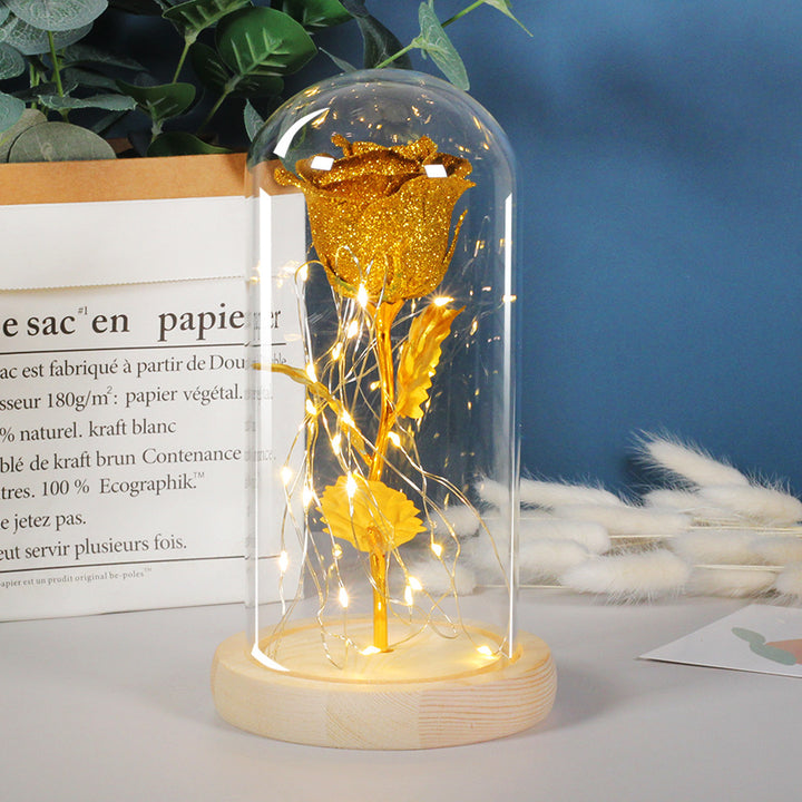 Preserved rose under glass dome with lights