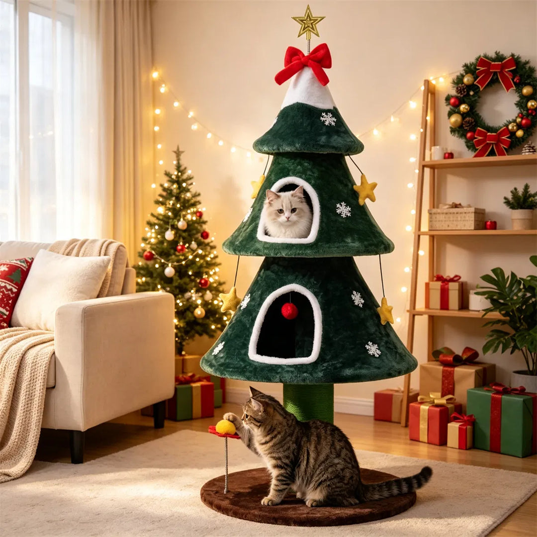 Green Christmas tree cat tower with star