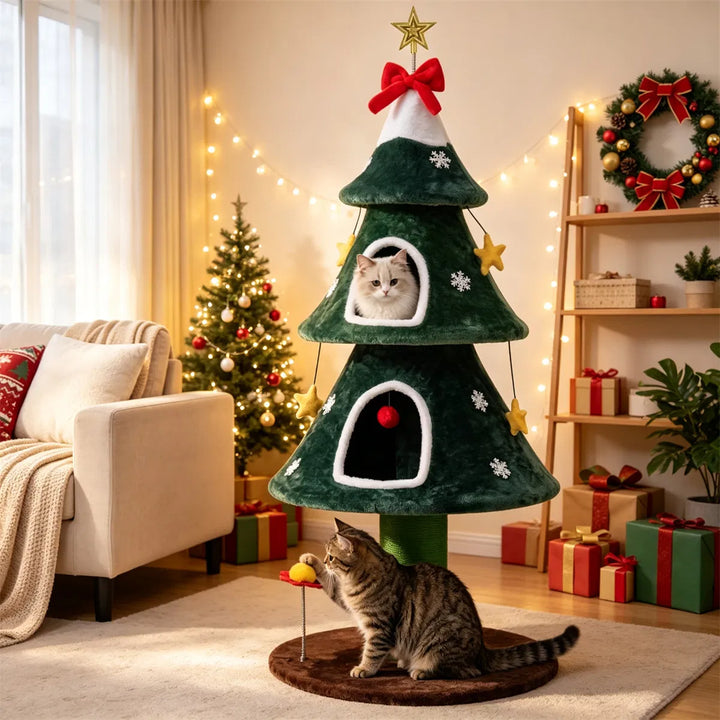 Green Christmas tree cat tower with star