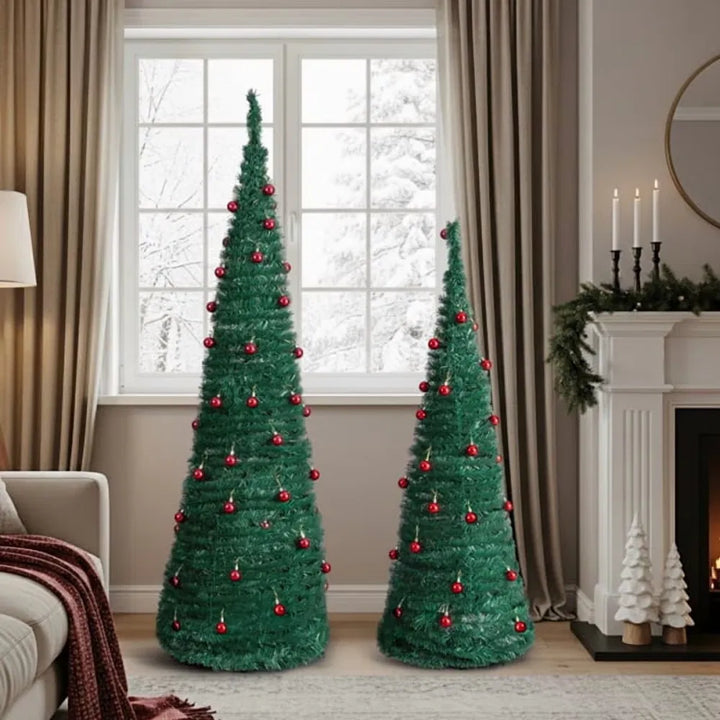 Two pop-up Christmas trees with red ornaments