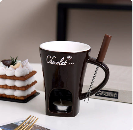 Heat Grove Ceramic Fondue Mug with Fork, Tealight Heated
