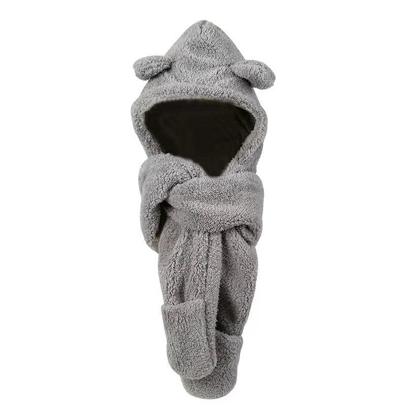 Woman wearing a teddy hood with bear ears