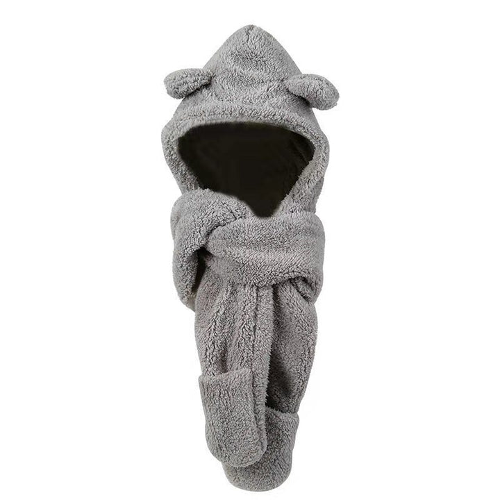 Woman wearing a teddy hood with bear ears