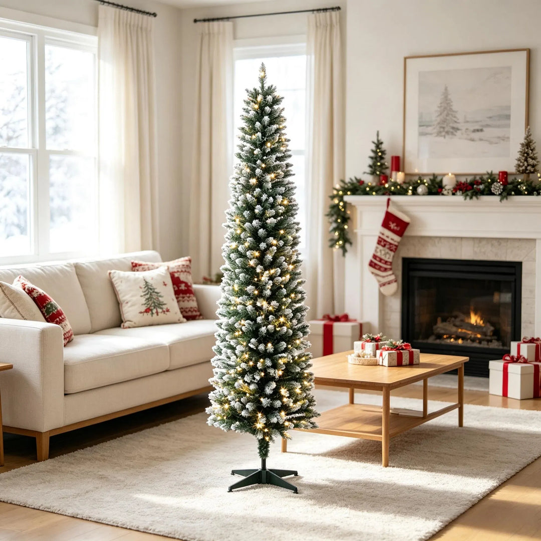Slim frosted pencil tree with lights