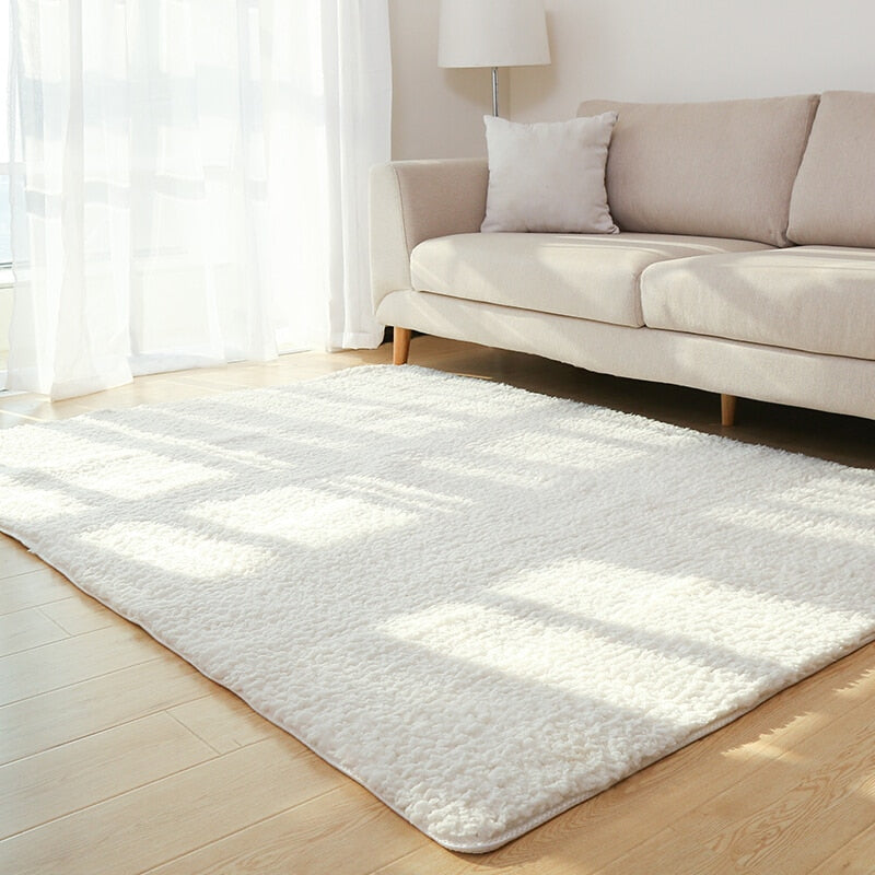 Fluffy beige shag rug in living room