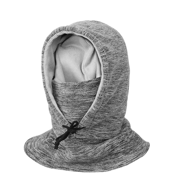 Person wearing a fleece balaclava hood