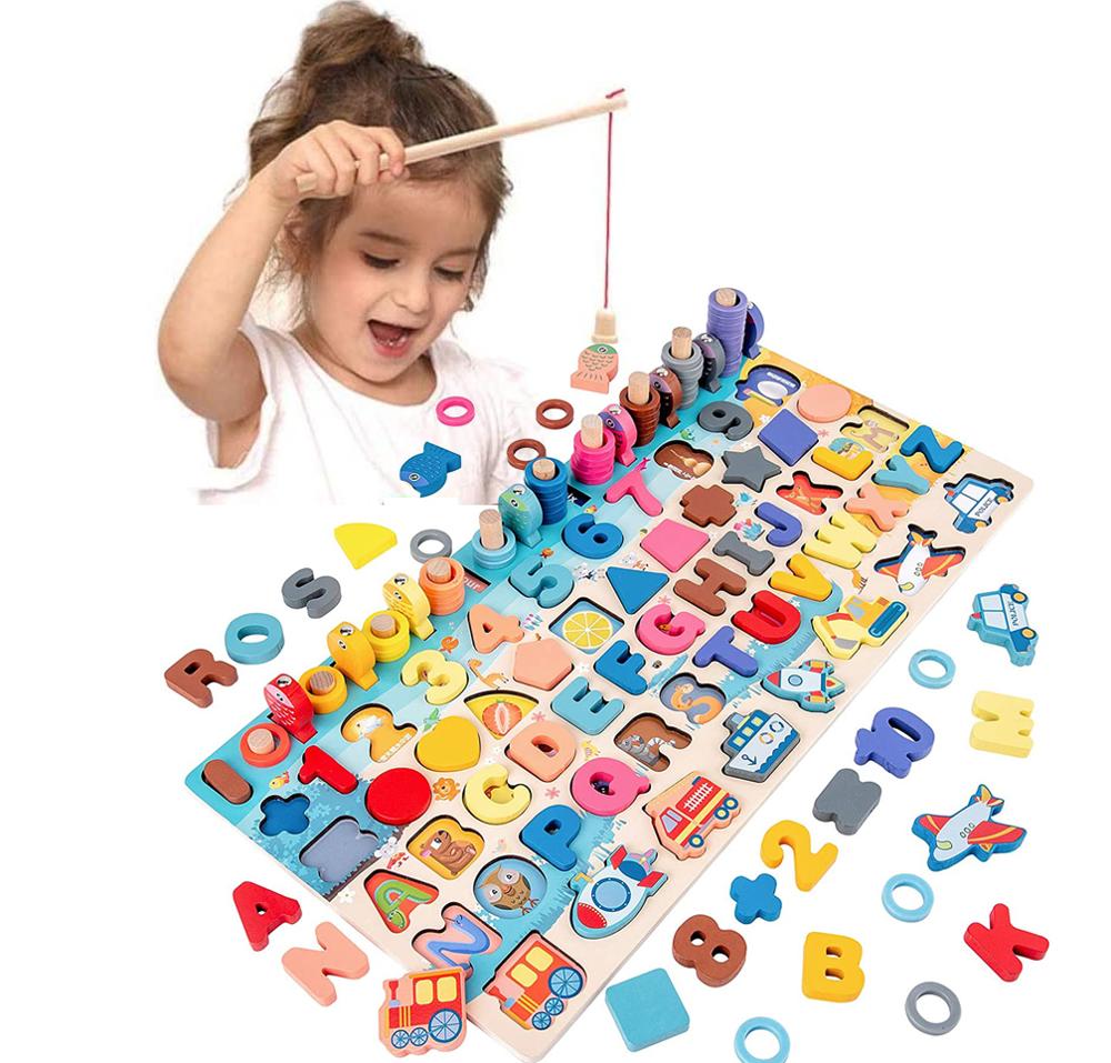 Wooden Montessori board with fishing rod