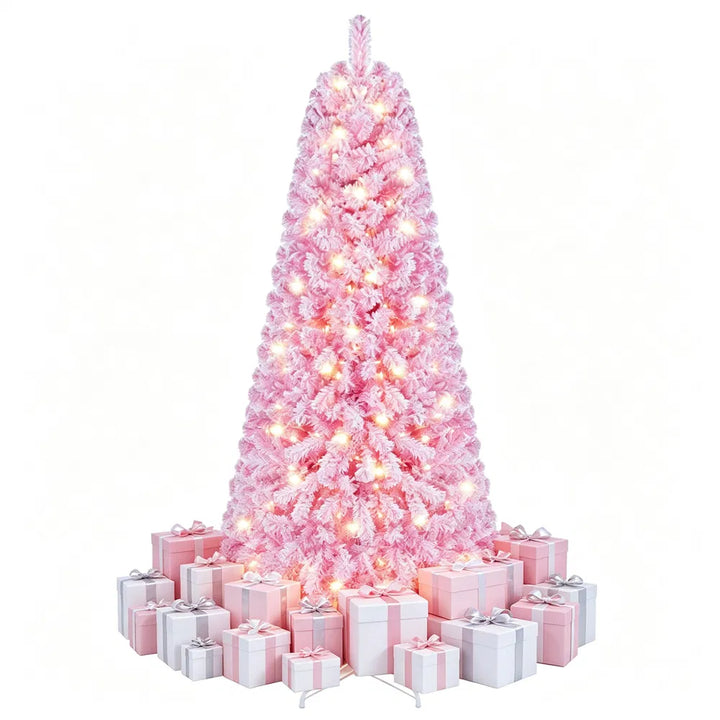 Pink flocked Christmas tree with warm lights