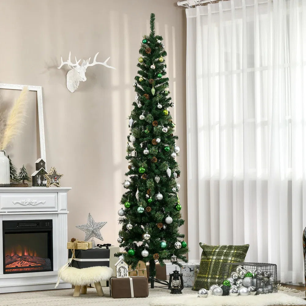 Slim pencil Christmas tree with pine cones
