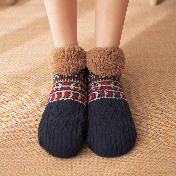 Knit slipper socks with fleece cuff