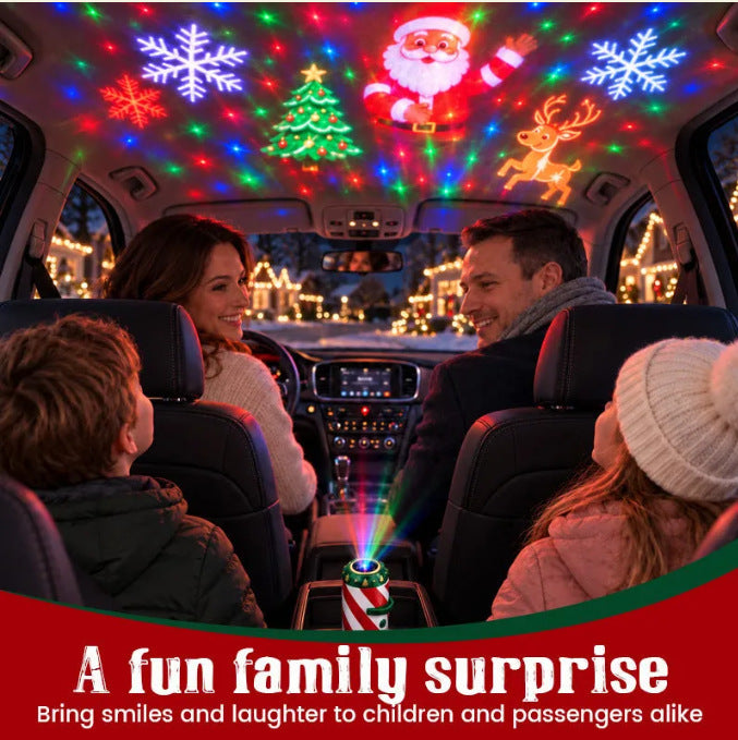 Striped gooseneck projector lighting a car ceiling with Christmas motifs