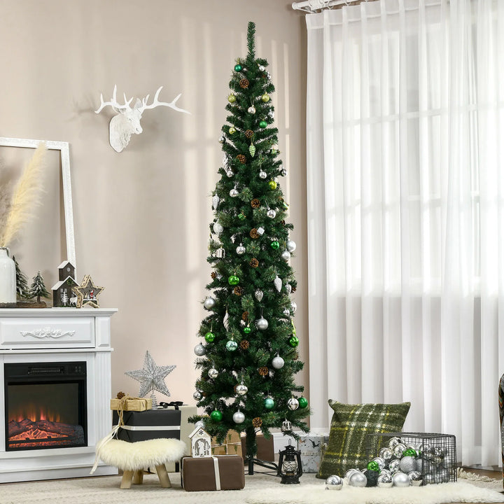 Slim pencil Christmas tree with pine cones