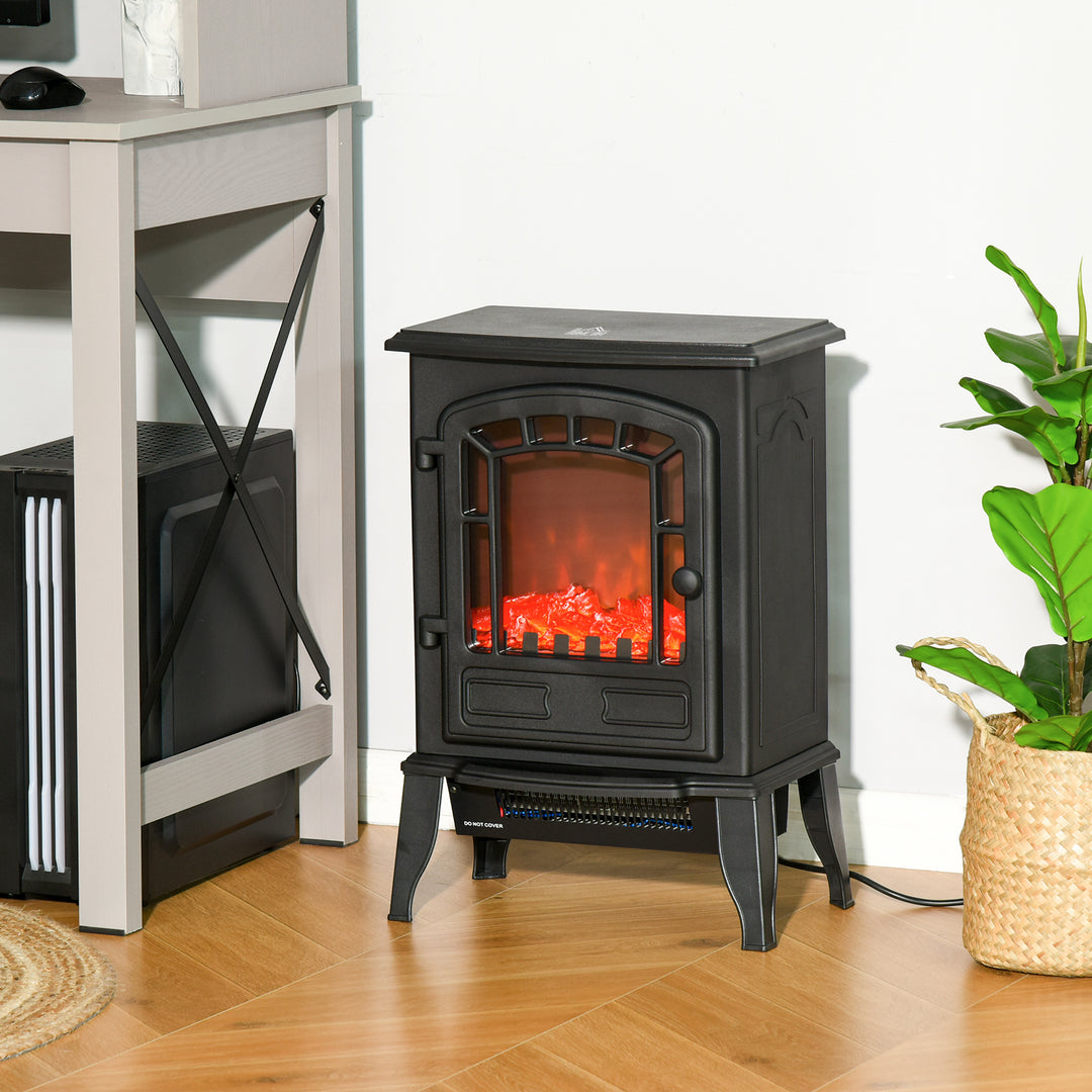 Black electric stove heater with glass front flames