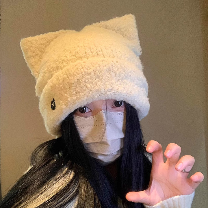 Cream fluffy sherpa beanie with cat ears