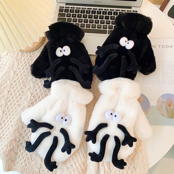 White fluffy plush mittens with cartoon face