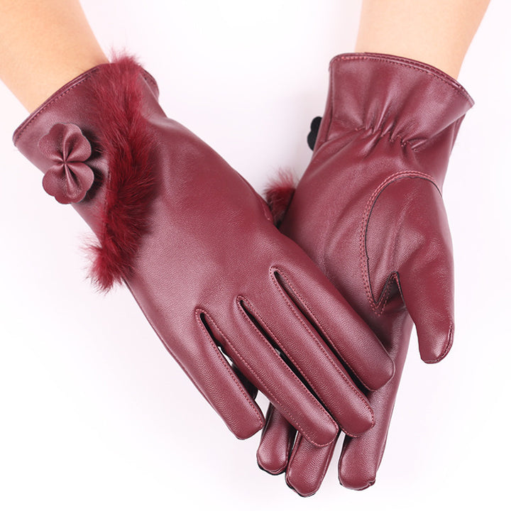 Burgundy faux leather gloves with fluffy cuff