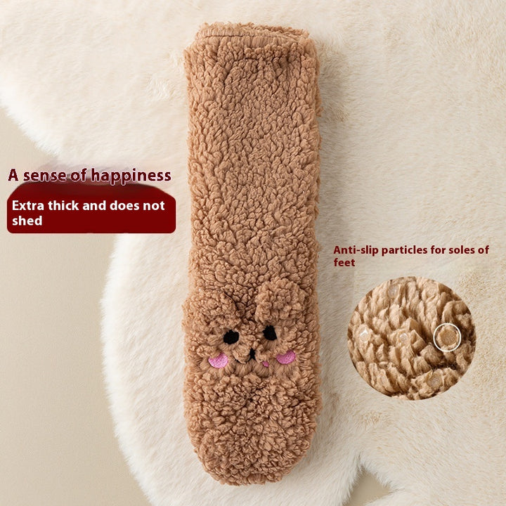 Pink fluffy floor socks with embroidered bunny face