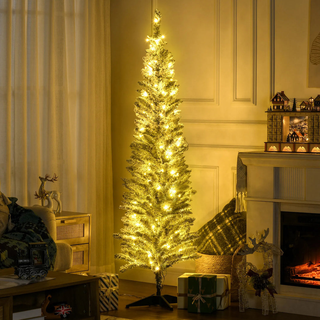 White flocked slim pencil Christmas tree lit warm