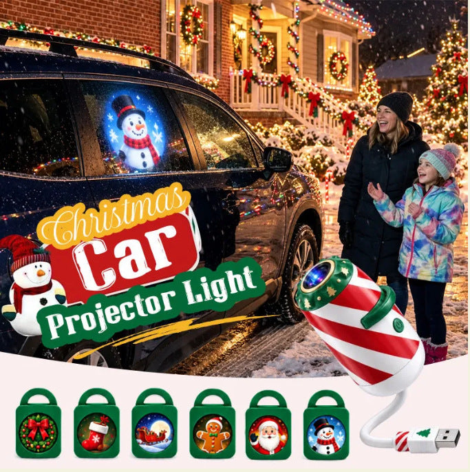 Striped gooseneck projector lighting a car ceiling with Christmas motifs