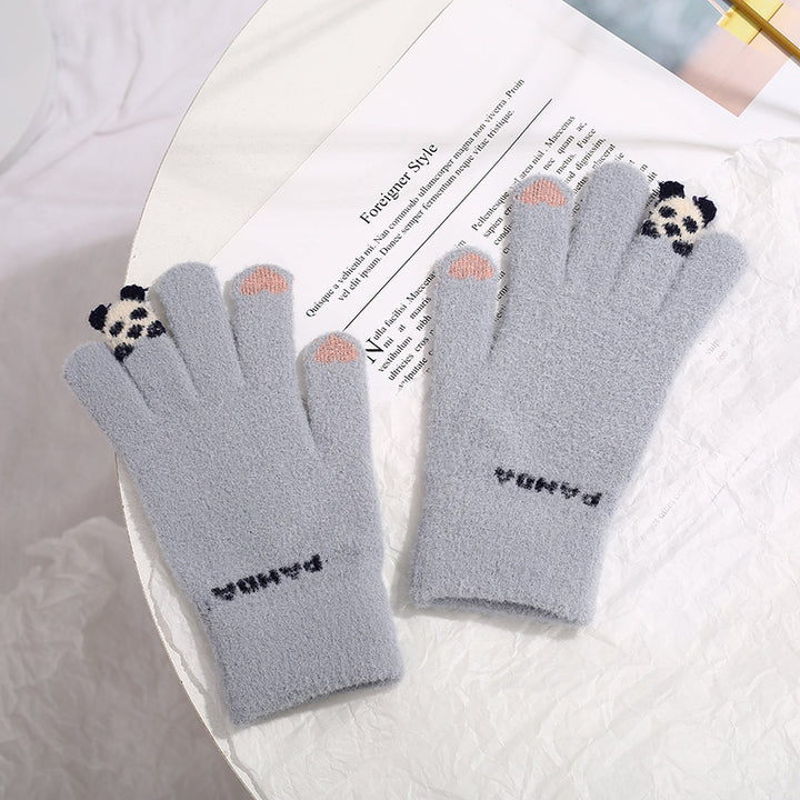 Pink knit gloves with small 3D panda