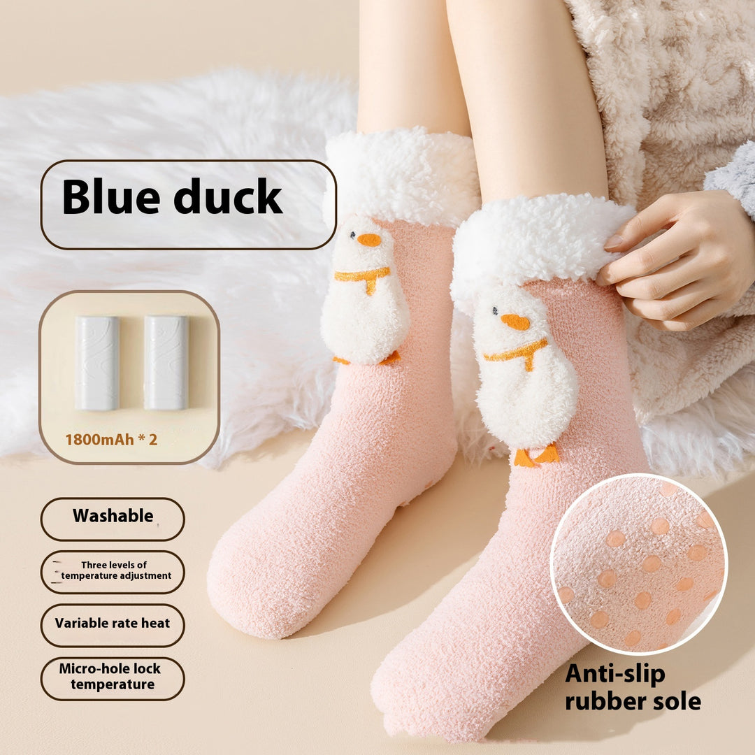 Fleece-lined heated socks with a duck design