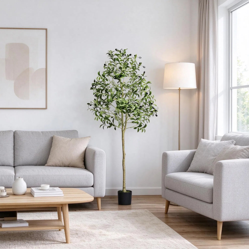Artificial potted olive tree in living room