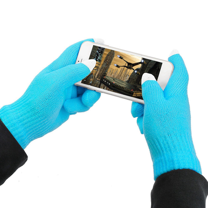 Knit touchscreen gloves holding a phone