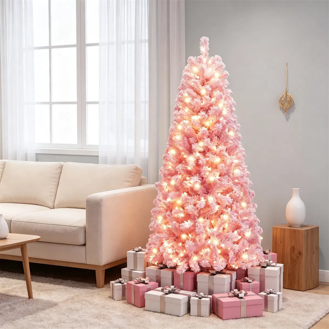 Small pink flocked pre-lit Christmas tree