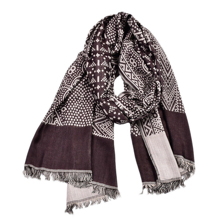 Navy jacquard scarf with fringe