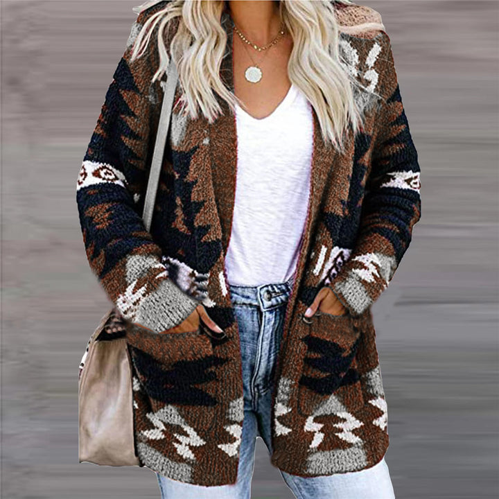 Woman in a geometric open-front cardigan