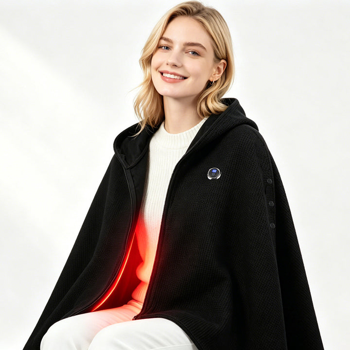 Black heated hooded shawl with zip front