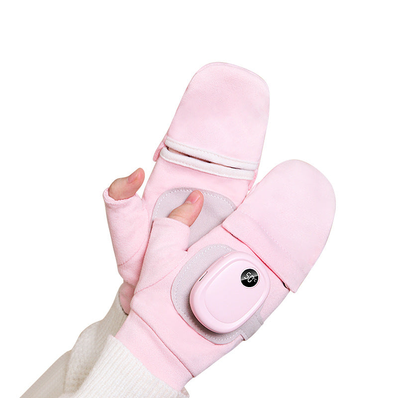 USB heated flip top mittens on hands