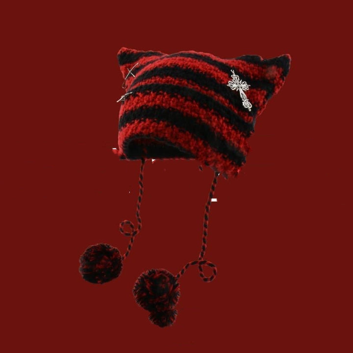 Striped cat ear beanie with pompom ties