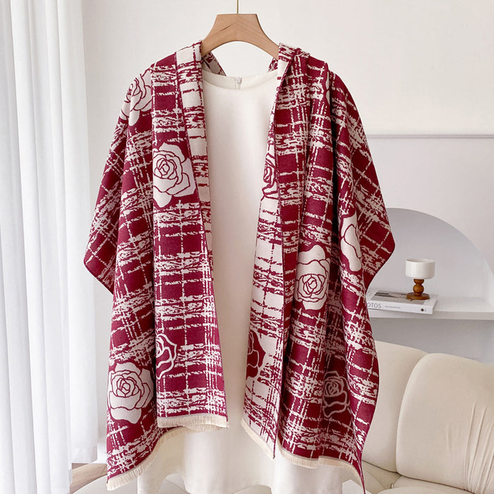 Heat Grove Double-Sided Plaid Shawl with Rose Motif