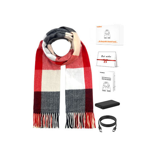 Heat Grove Red Plaid Heated Scarf with USB Pad and Power Bank