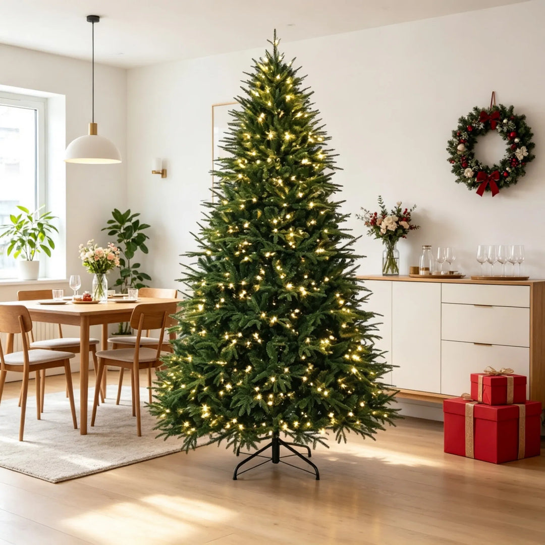 Extra full green Christmas tree with lights