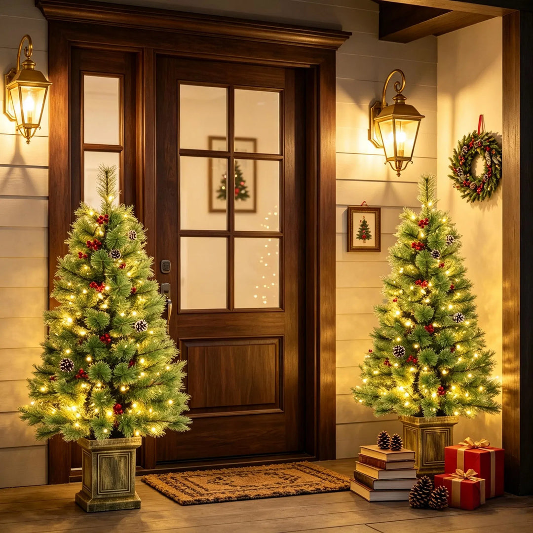 Two potted porch pine trees with berries
