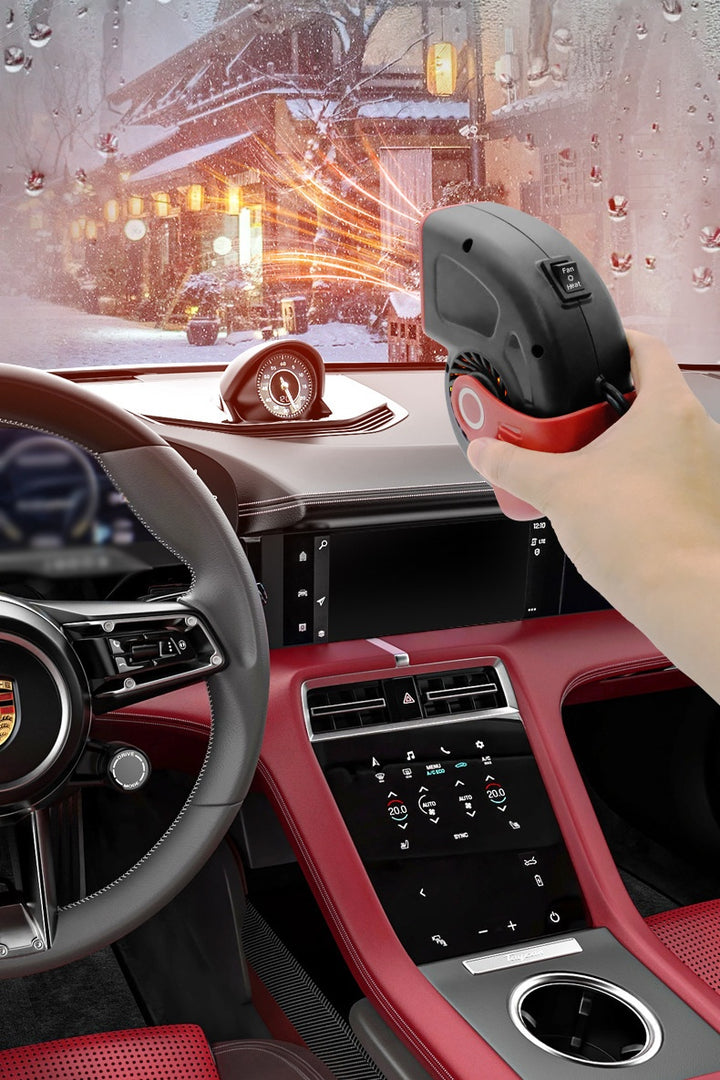 Black 12V car heater on dashboard